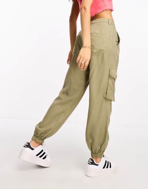 Kimme Ruched Satin Cargo Pants in Khaki