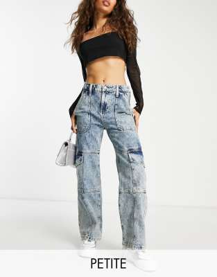 Miss Selfridge Petite cargo wide leg jean in dark acid wash-Blue