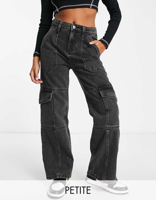 Miss Selfridge Petite cargo wide leg jeans in black