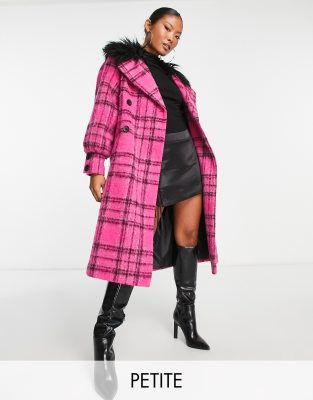 Miss Selfridge Petite Check Mongolian Faux Fur Collar Long Coat In