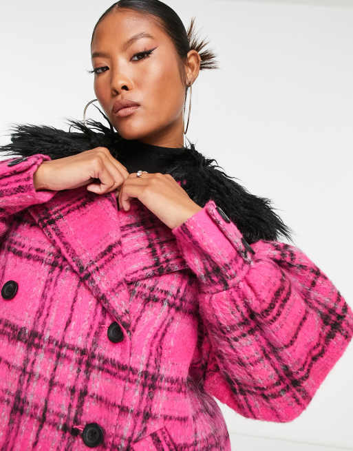 Plaid Coat with Removable Faux-Fur Collar