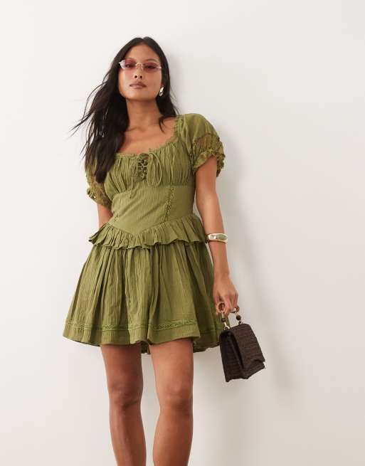 Miss Selfridge Petite cheesecloth lace detail milkmaid dress in
