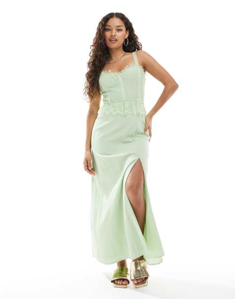 Miss Selfridge Petite cheesecloth maxi corset dress with ribbon trims in green - view 1