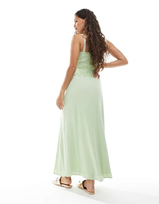 Miss Selfridge Petite Cheesecloth Maxi Corset Dress with Ribbon Trims in Green