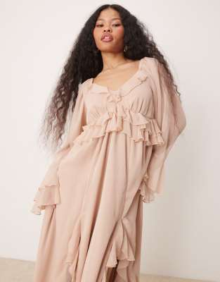 chiffon boho ruffle maxi dress in pink