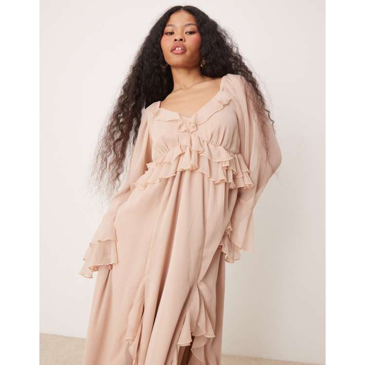 Miss Selfridge Petite chiffon boho ruffle maxi dress in pink | ASOS