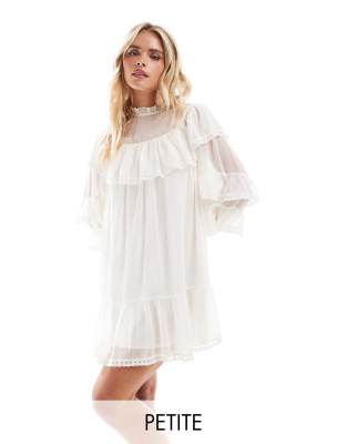 chiffon frill smock dress in ivory-Black