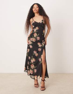 chiffon lace trim maxi slip dress in oversized rose print-Multi