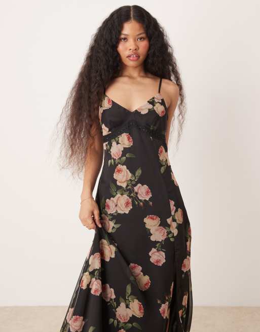 Miss Selfridge Petite chiffon lace trim maxi slip dress in