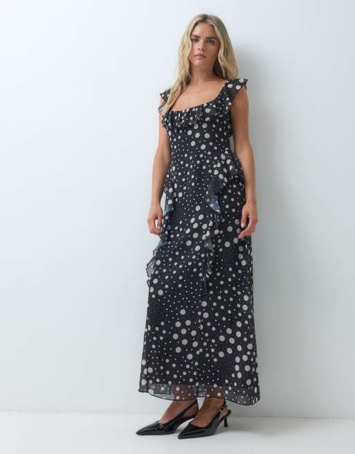 Miss Selfridge Petite chiffon ruffle maxi dress in spot print, 2 of 5
