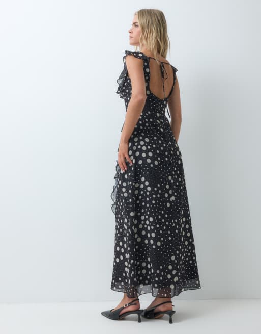 Miss Selfridge Petite chiffon ruffle maxi dress in spot print, 4 of 5