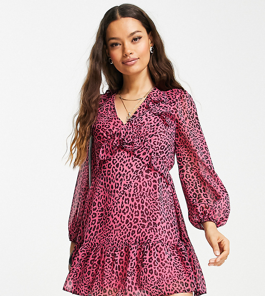 Miss Selfridge Petite Chiffon Ruffle Mini Dress In Pink Animal Print-Multi