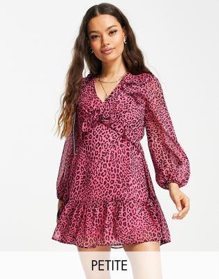 Miss Selfridge Petite chiffon ruffle mini dress in pink animal