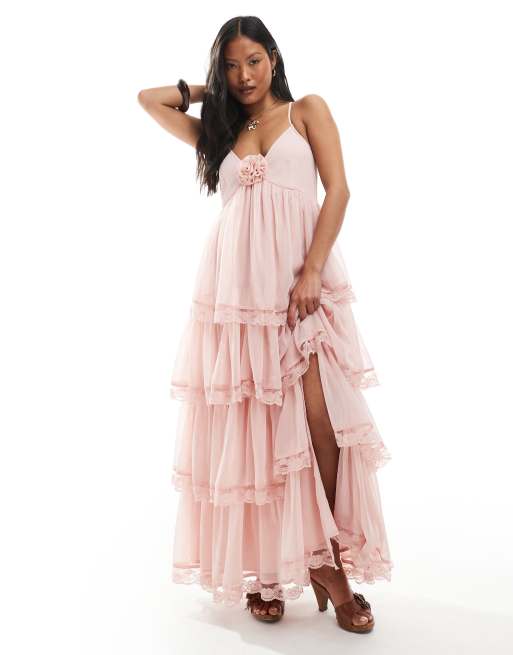 Miss Selfridge Petite chiffon tierred maxi dress in in dusky pink