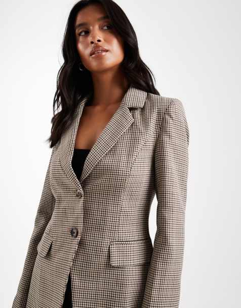 Miss Selfridge Petite cinch blazer in neutral check - view 1