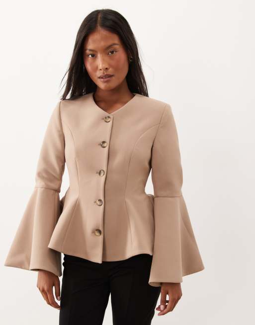 Miss Selfridge Petite cinched peplum blazer with flute sleeve in mocha, 2 of 4