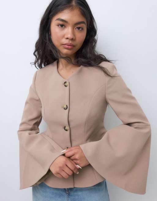 Miss Selfridge Petite cinched peplum blazer with flute sleeve in mocha, 5 of 5