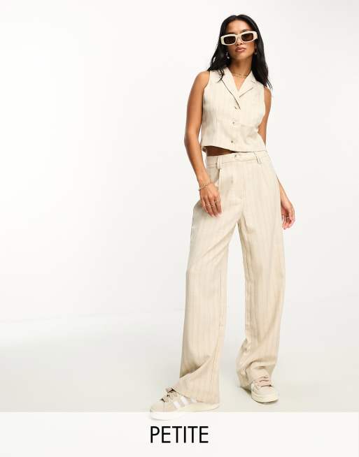 Miss Selfridge Petite co ord tailored wide leg trouser in taupe pinstripe ASOS