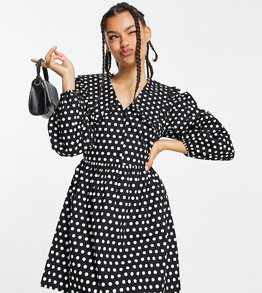Miss Selfridge Petite collar mini dress in polka dot-Black
