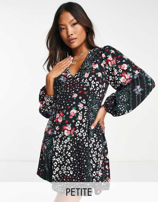 Miss Selfridge Petite collared mini tea dress in patchwork ditsy 
