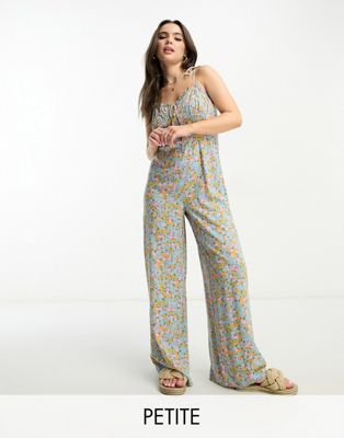 Miss Selfridge Petite strappy wide leg jumpsuit in blue ditsy  - ASOS Price Checker