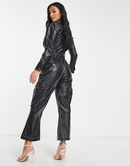 Only Cool Vibes Black Vegan Leather Short Sleeve Jumpsuit