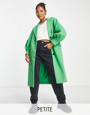Miss Selfridge Petite cord puff sleeve maxi coat in green