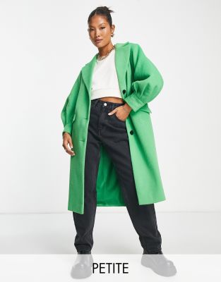 Miss Selfridge Petite cord puff sleeve maxi coat in green