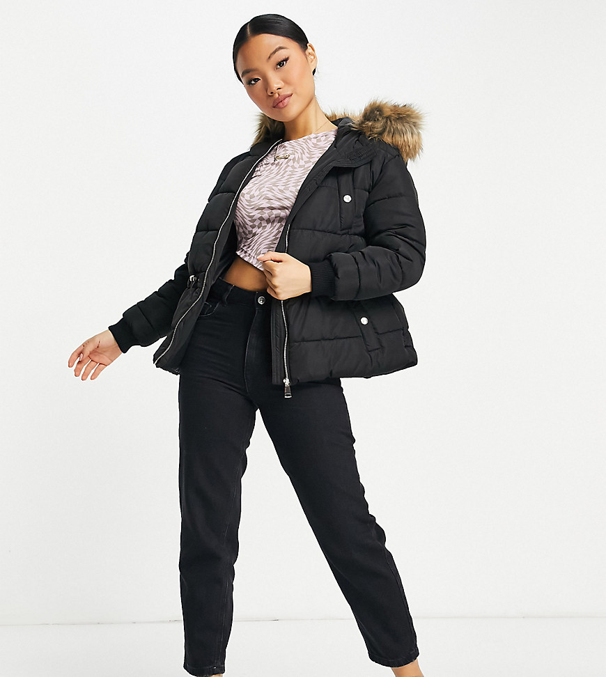 Miss Selfridge Petite cord waisted puffer with faux fur hood in black