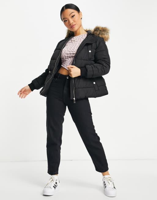 Miss Selfridge Petite cord waisted puffer with faux fur hood in black ...