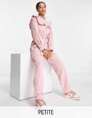 Miss Selfridge Petite cordroy bib frill belted jumpsuit in pale pink - ASOS Price Checker