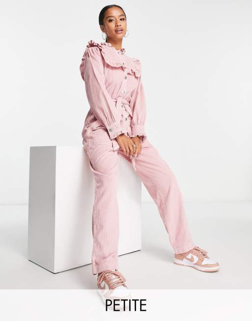 Miss Selfridge Petite corduroy bib frill belted jumpsuit in pale pink ASOS