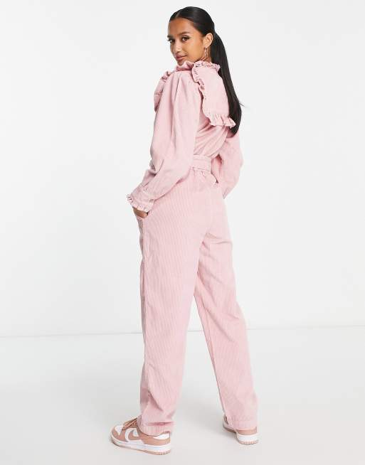 Miss Selfridge Petite corduroy bib frill belted jumpsuit in pale pink