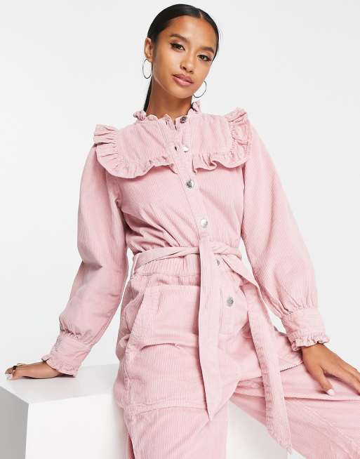 Miss Selfridge Petite corduroy bib frill belted jumpsuit in pale pink