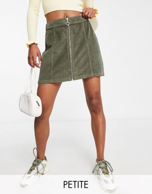Miss Selfridge Petite corduroy zip through mini skirt in khaki
