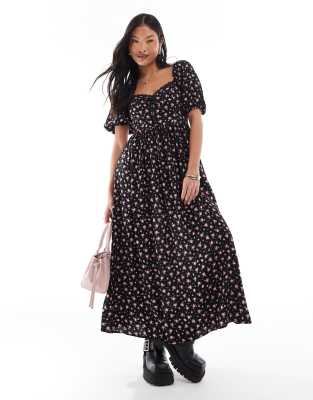 corset maxi dress in ditsy print-Black