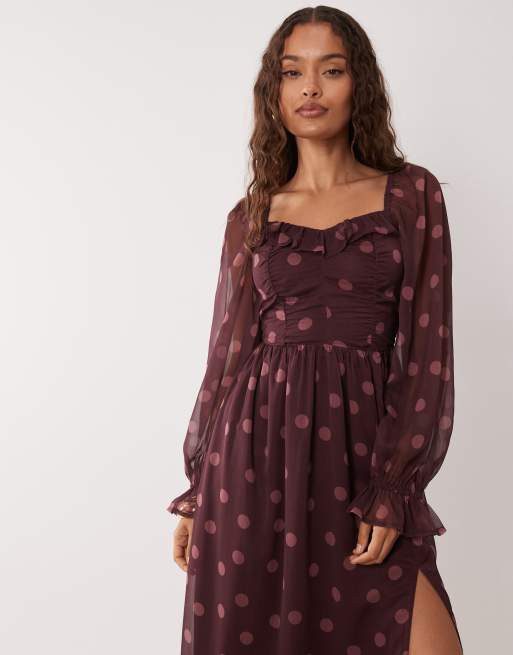 Miss Selfridge Petite corset maxi dress in wine polka dot, 2 of 4