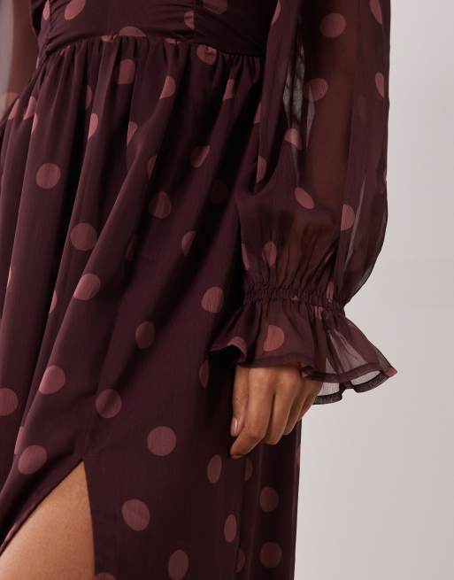 Miss Selfridge Petite corset maxi dress in wine polka dot, 3 of 4