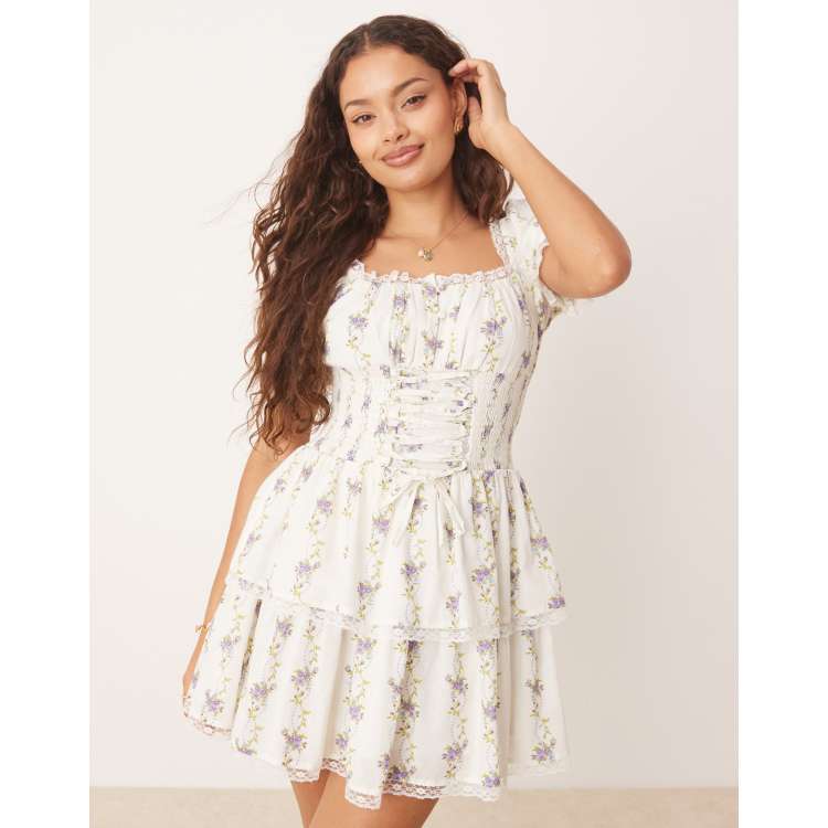 Miss Selfridge Petite corset mini dress in blue wallpaper floral print |  ASOS