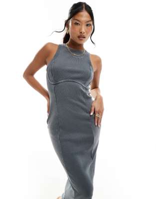 corset racer midi dress in washed charcoal-Gray