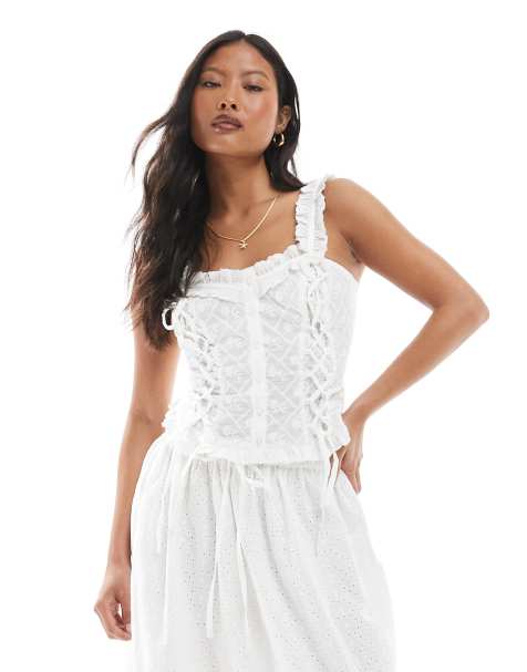 Miss Selfridge Petite cotton broderie corset top in white - view 1