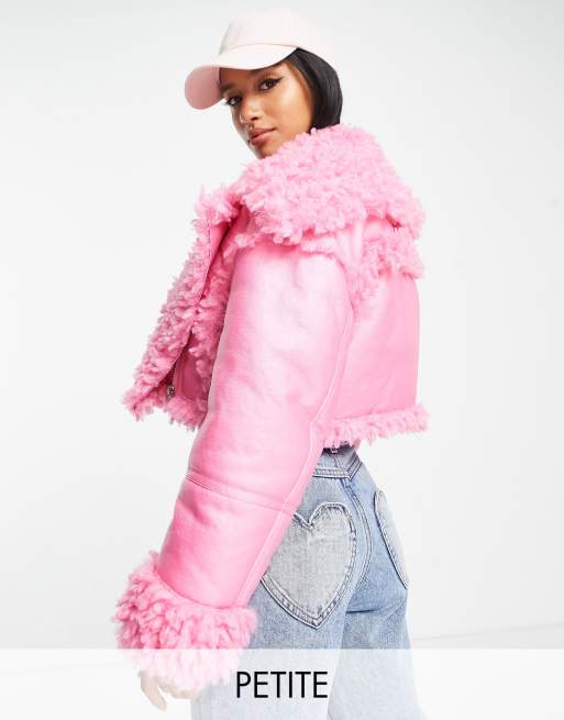 Miss Selfridge Petite crop borg aviator jacket in pink