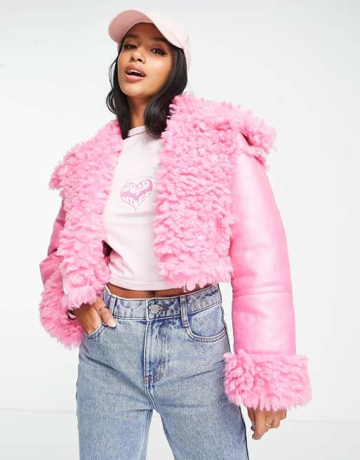 Miss Selfridge Collar Crop Faux Fur Jacket in Bright Pink