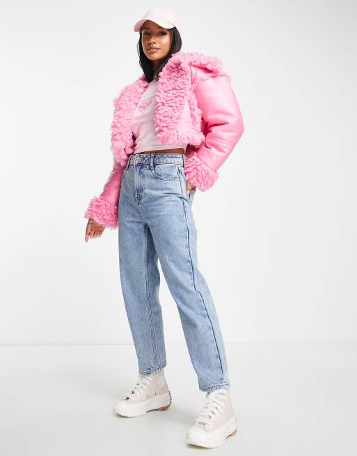 Miss Selfridge Petite crop borg aviator jacket in pink ASOS