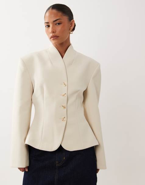 Miss Selfridge petite cropped collarless blazer in ivory - view 1