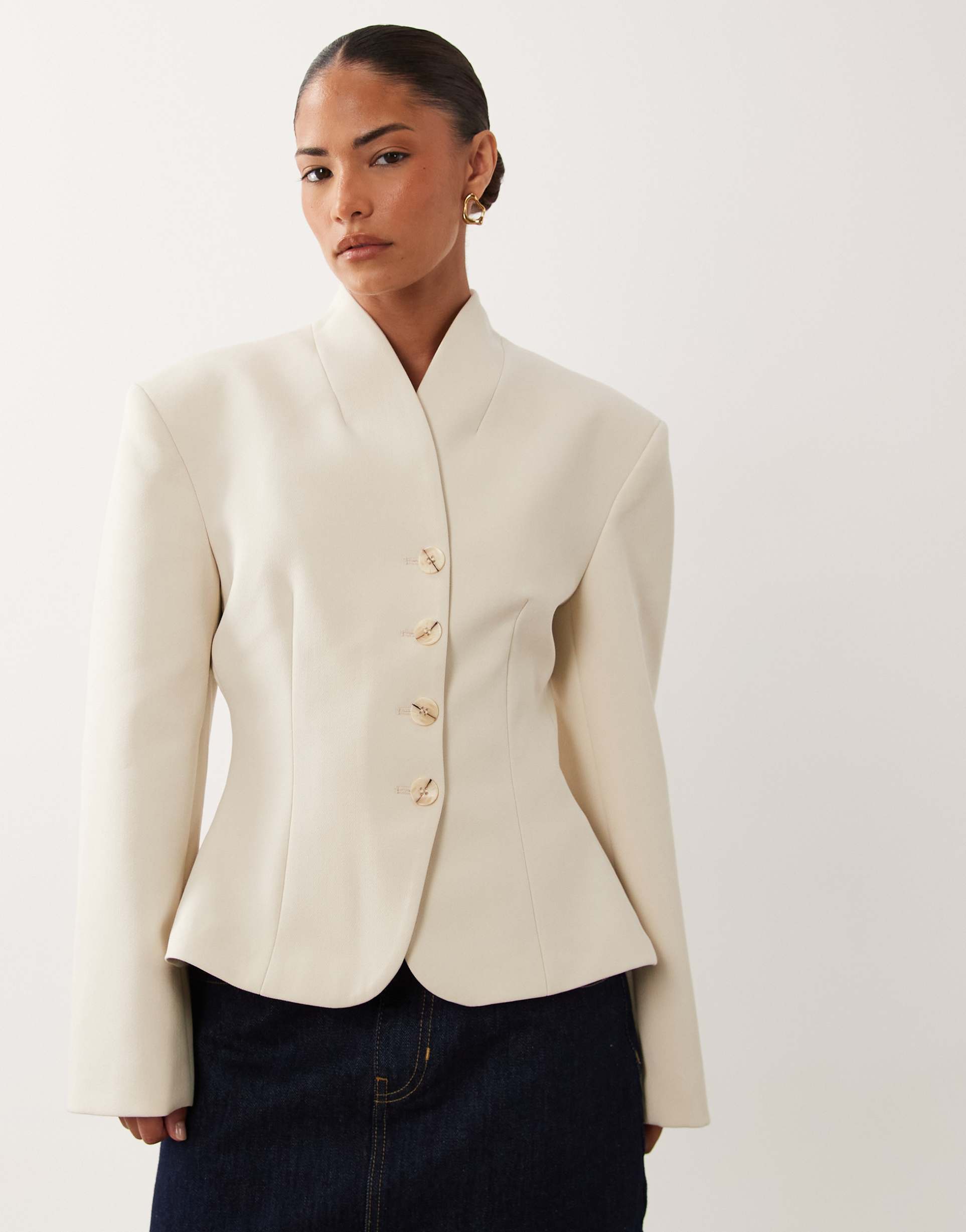 miss selfridge petite cropped collarless blazer in ivory