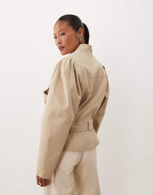 Miss Selfridge Petite cropped funnel neck cinched waist trench, 4 of 4