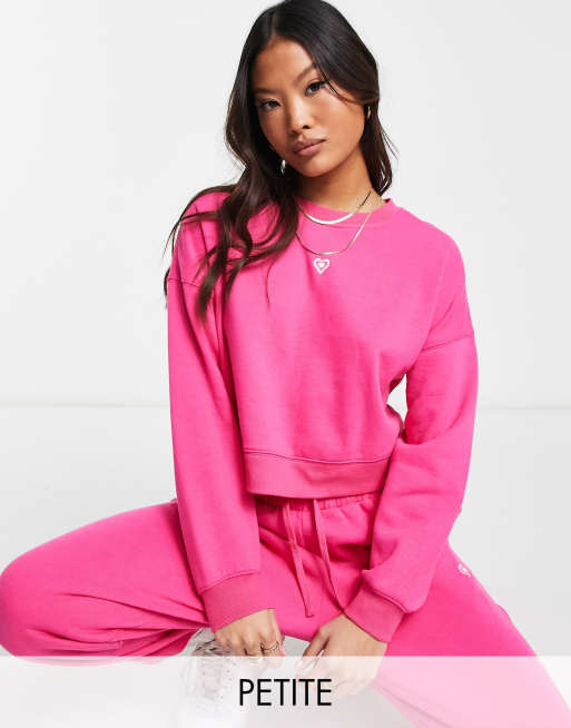 Miss Selfridge Petite cropped sweat in pink with emb heart | ASOS