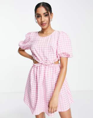 Miss Selfridge Petite cut out frill detail mini tea dress in pink gingham