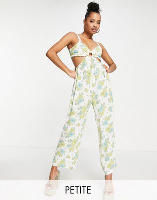 Miss Selfridge Petite cut out wide leg strappy jumpsuit in green floral
